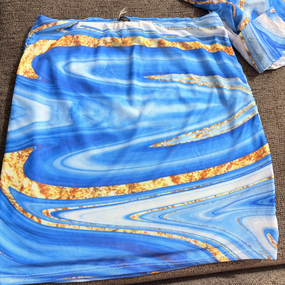 Blue and Gold Swirl set top and skirt